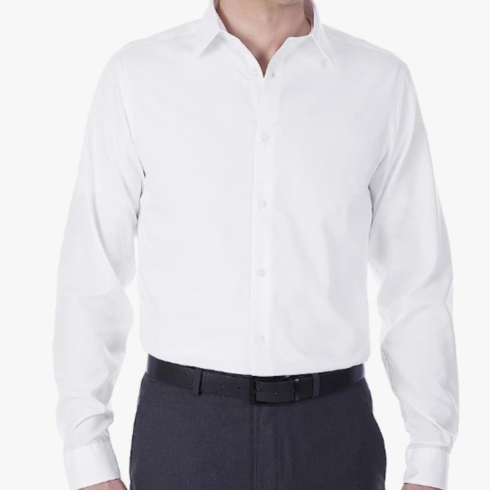 Calvin Klein Men's White Slim-Fit Herringbone Steel Plus Dress Shirt 16 36/37
